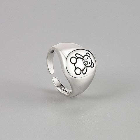 S925 Sterling Silver Vintage Cartoon Bear Open Ring For Women Adjustable Minimalist Teddy Bear Finger Ring Jewelry Gift