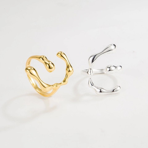 925 Sterlingsilber Unregelmäßiger Flüssigmetall Ring Französisches Design Geometrische Lava Textur Verstellbarer Offener Ring Damen