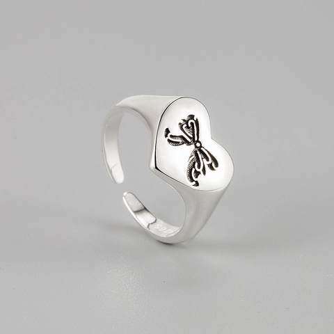 925 Sterling Silver Heart Bow Open Ring For Women Minimalist Adjustable Elegant Finger Jewelry Gift Simple Metallic Ring