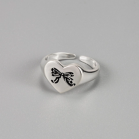 925 Sterling Silver Heart Bow Open Ring For Women Minimalist Adjustable Elegant Finger Jewelry Gift Simple Metallic Ring