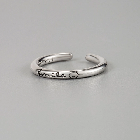 925 Sterling Zilveren Glimlach Gezicht Open Ring Voor Vrouwen Vintage Minimalistische Glimlach Brief Gegraveerd Verstelbare Vingerring Sieraden