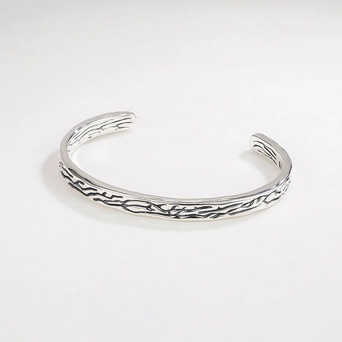 Bracciale Rigido Aperto in Argento Sterling S925 per Donna Uomo Texture Retro Design a Ramo Bracciale Regolabile Gioielli Vintage