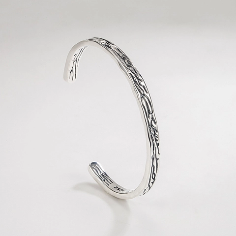 Bracciale Rigido Aperto in Argento Sterling S925 per Donna Uomo Texture Retro Design a Ramo Bracciale Regolabile Gioielli Vintage
