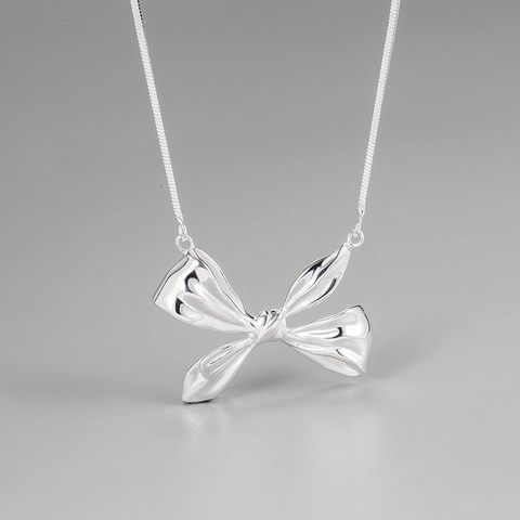 925 Sterling Silver Bowknot Pendant Necklace For Women Elegant Snake Chain Choker Retro Minimalist Bow Jewelry Gift