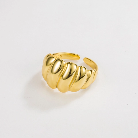 925 Sterling Silver Ribbed Croissant Open Ring Retro Minimalist Adjustable Gold Silver Texture Ring Jewelry Gift For Women