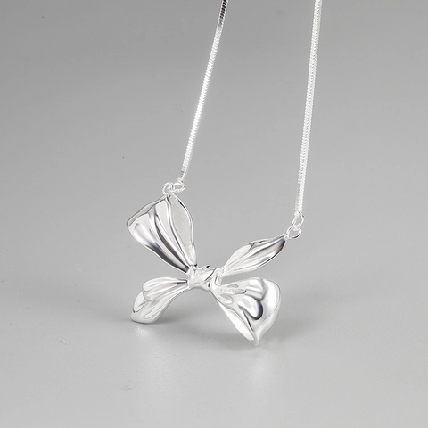925 Sterling Silver Bowknot Pendant Necklace For Women Elegant Snake Chain Choker Retro Minimalist Bow Jewelry Gift