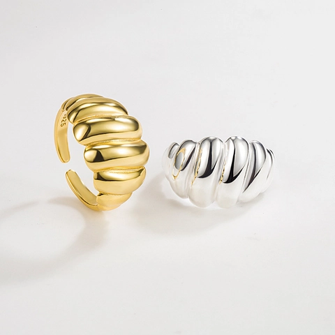 925 Sterling Silver Ribbed Croissant Open Ring Retro Minimalist Adjustable Gold Silver Texture Ring Jewelry Gift For Women