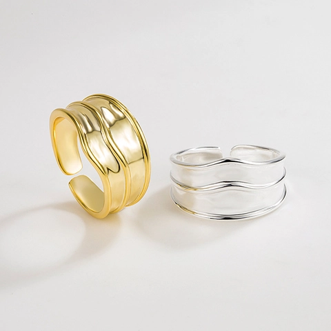 S925 Sterling Silver Minimalist Geometric Wave Open Ring For Women Men Irregular Texture Adjustable Electroplated Jewelry