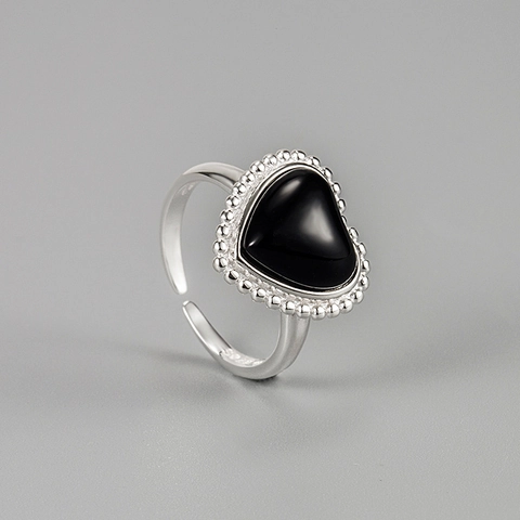 Vintage 925 Sterling Silber Schwarzer Achat Herz Offener Ring Verstellbar Minimalistisch Retro Handgefertigt Damen Fingerring