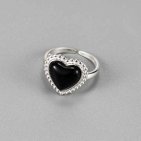 Vintage 925 Sterling Silber Schwarzer Achat Herz Offener Ring Verstellbar Minimalistisch Retro Handgefertigt Damen Fingerring