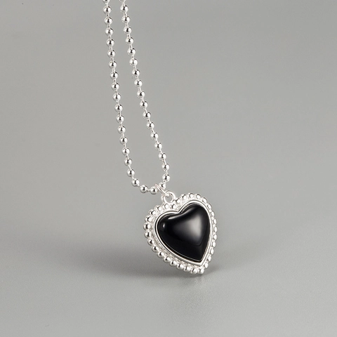 925 Sterlingsilber Schwarzer Onyx Herz Anhänger Halskette Retro INS Stil Kugelkette Schlüsselbeinkette Schmuck Damen