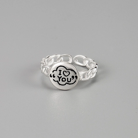 Anillo Abierto de Plata de Ley 925 Con Letra I Love You Cadena Para Mujer Placa Redonda Ajustable Corazón Joyería