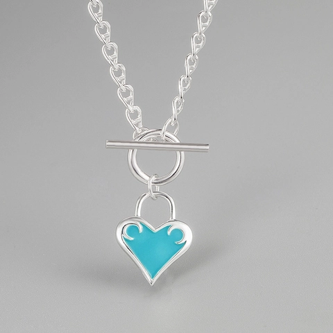 925 Sterling Silver Enamel Heart Pendant Necklace For Women Toggle Clasp Anchor Chain Minimalist Jewelry Gift Silver Blue