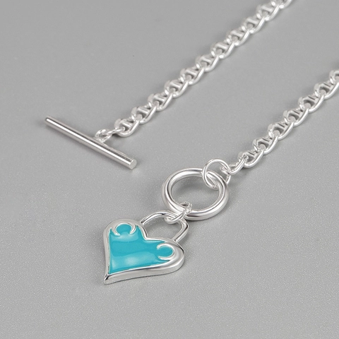 925 Sterling Silver Enamel Heart Pendant Necklace For Women Toggle Clasp Anchor Chain Minimalist Jewelry Gift Silver Blue