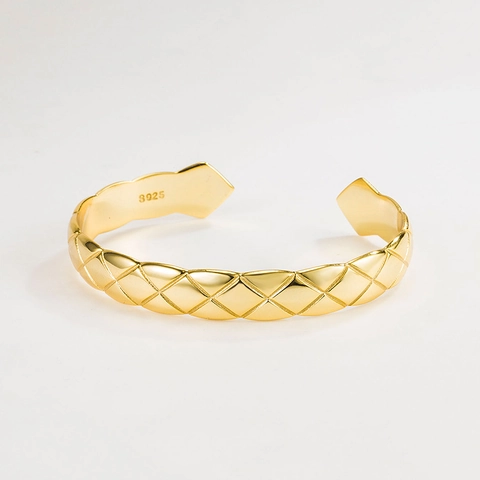 Brazalete Abierto Acolchado de Plata de Ley 925 para Mujer Textura Pesada Estilo Ins Chapado en Oro de 18K Lujo
