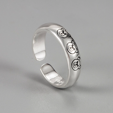 Anello Aperto a Tre Orsi in Argento Sterling 925 Stile Coreano Minimalista INS Rétro Ossidato Regolabile per Donna Uomo Gioielli