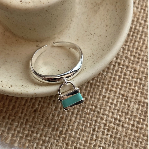 925 Sterling Silver Padlock Pendant Open Ring Tiffany Blue Enamel Adjustable Finger Ring For Women INS Fashion Jewelry