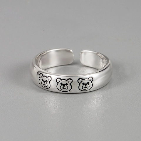 Anello Aperto a Tre Orsi in Argento Sterling 925 Stile Coreano Minimalista INS Rétro Ossidato Regolabile per Donna Uomo Gioielli