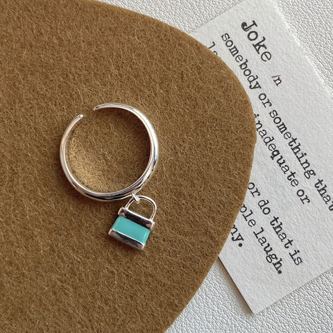 925 Sterling Silver Padlock Pendant Open Ring Tiffany Blue Enamel Adjustable Finger Ring For Women INS Fashion Jewelry