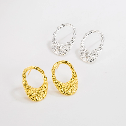 Orecchini a Bottone in Argento Sterling 925 Geometrici Trama Irregolare Ovale Cavi Placcati Oro Argento Minimalisti Gioielli Moda Donna