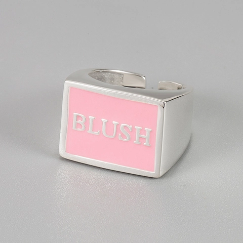 Πρωτότυπο Σχέδιο Ασήμι 925 Ροζ Σμάλτο Γράμμα BLUSH Ρυθμιζόμενο Ανοιχτό Δαχτυλίδι Γεωμετρικό Πλατιά Βέρα Γυναικεία Κοσμήματα