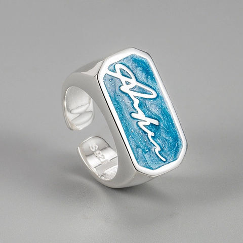 925 Sterling Silver Blue Enamel Rectangle Signet Ring For Women Aloha Letter Geometric Adjustable Open Finger Jewelry