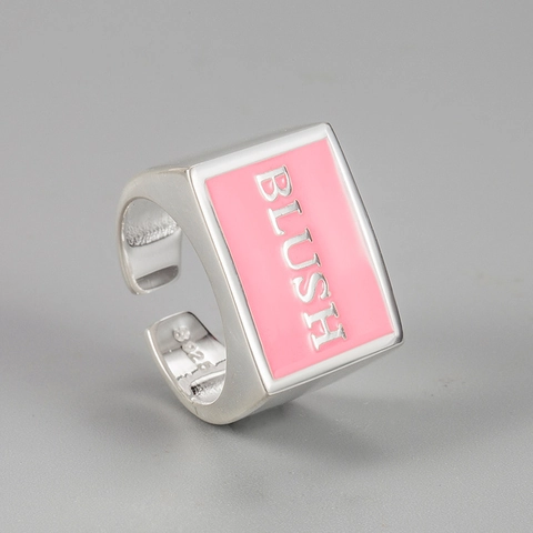 Πρωτότυπο Σχέδιο Ασήμι 925 Ροζ Σμάλτο Γράμμα BLUSH Ρυθμιζόμενο Ανοιχτό Δαχτυλίδι Γεωμετρικό Πλατιά Βέρα Γυναικεία Κοσμήματα