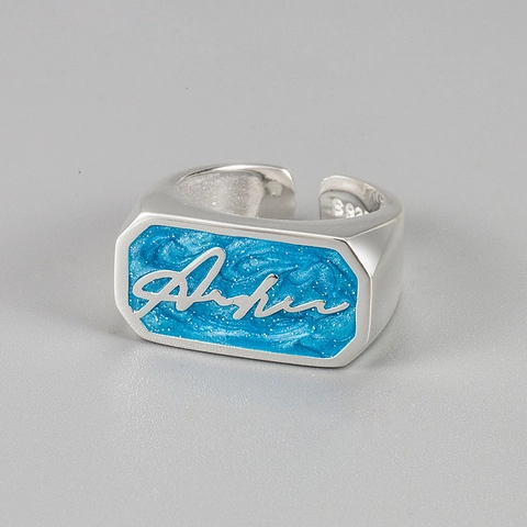 925 Sterling Silver Blue Enamel Rectangle Signet Ring For Women Aloha Letter Geometric Adjustable Open Finger Jewelry