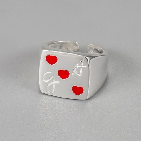 S925 Sterling Silver Square Red Heart Open Ring Adjustable Enamel Minimalist Retro Letter Finger Ring For Women Fashion Jewelry