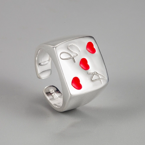 S925 Sterling Silver Square Red Heart Open Ring Adjustable Enamel Minimalist Retro Letter Finger Ring For Women Fashion Jewelry
