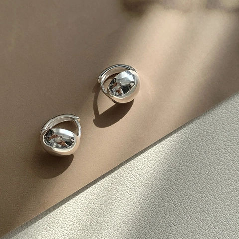 Pendientes de Botón de Bola Redonda Minimalistas de Plata de Ley 925 para Mujer Pulido Espejo Estilo Frío Forma de Frijol Joyería Hipoalergénica
