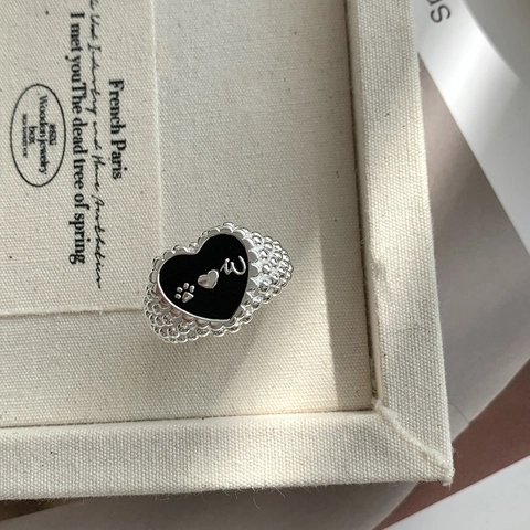 S925 Sterling Silver Heart Shape Dog Paw Print Enamel Open Ring For Women Adjustable Beaded Texture Cute Animal Finger Jewelry