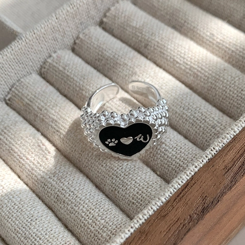 S925 Sterling Silver Heart Shape Dog Paw Print Enamel Open Ring For Women Adjustable Beaded Texture Cute Animal Finger Jewelry