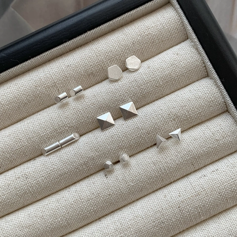 925 Sterling Silver Geometric Stud Earrings For Women Minimalist Cylinder Pyramid Triangle Tiny Daily Commuting Piercing Jewelry