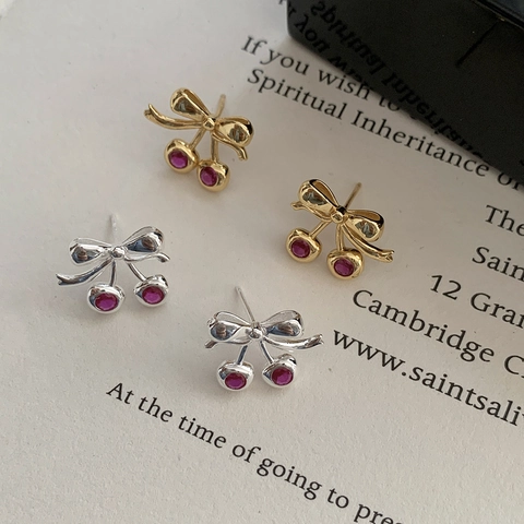 Orecchini a Bottone in Argento Sterling 925 Dolce Fiocco Ciliegia per Donna Forma di Frutta Strass Eleganti Gioielli alla Moda Regalo Oro Argento
