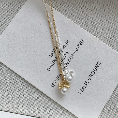 Collana con Pendente a Fiocco in Argento Sterling 925 e Perla Artificiale Stile Coreano Minimalista Catena Girocollo Donna Gioielli