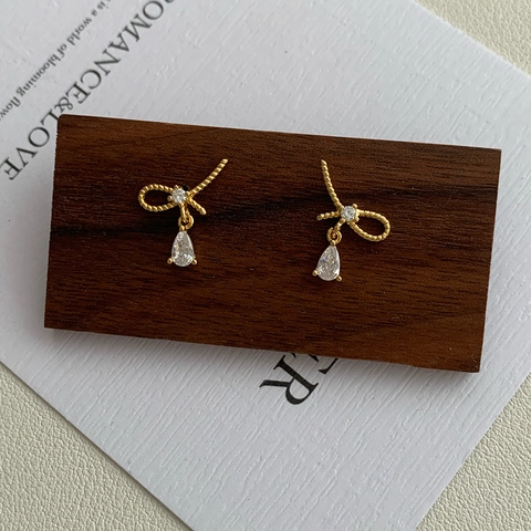 Pendientes de Botón de Plata de Ley S925 con Lazo y Gota de Agua para Mujer con Strass Incrustado Oro Plata Elegante Joyería