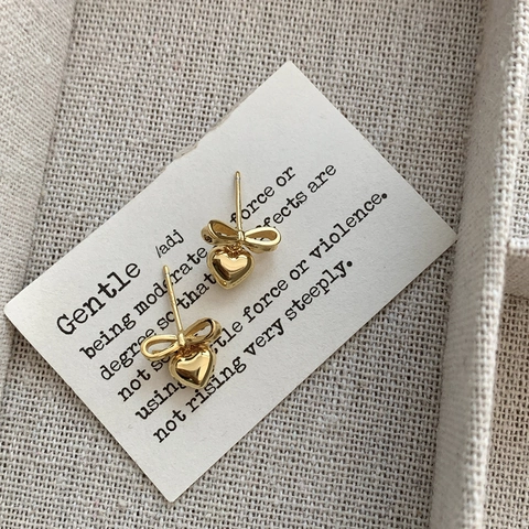 Elegant 925 Sterling Silver Bow Heart Stud Earrings For Women 18K Gold Plated Polished Sweet Heart Dangle Earrings Jewelry