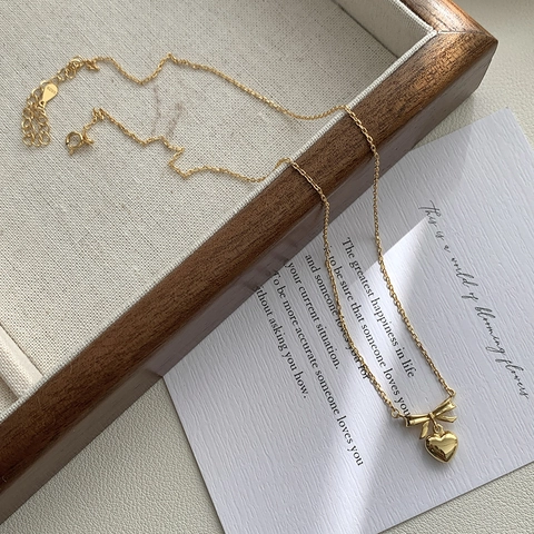 925 Sterling Silber Schleife Herz Anhänger Halskette Für Damen Minimalistisch 18k Vergoldet Süße Herz Collier Schmuck Geschenk