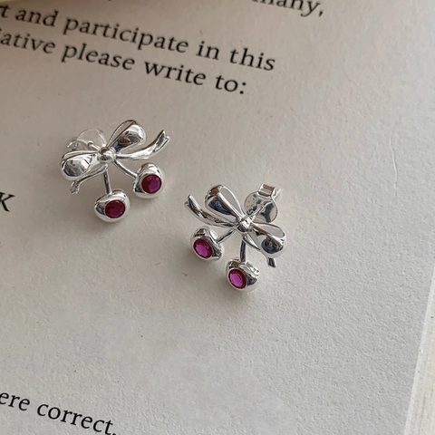 Orecchini a Bottone in Argento Sterling 925 Dolce Fiocco Ciliegia per Donna Forma di Frutta Strass Eleganti Gioielli alla Moda Regalo Oro Argento