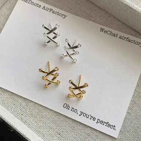 Pendientes de Botón de Cruz de Línea de Rejilla de Plata de Ley 925 Minimalistas para Mujer Pendientes Pequeños Geométricos X
