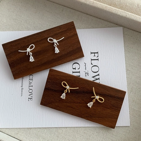 Pendientes de Botón de Plata de Ley S925 con Lazo y Gota de Agua para Mujer con Strass Incrustado Oro Plata Elegante Joyería