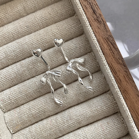 S925 Sterling Silver Heart Ribbon Bowknot Stud Earrings For Women Korean Ins Elegant Romantic Sweet Jewelry Daily Gift
