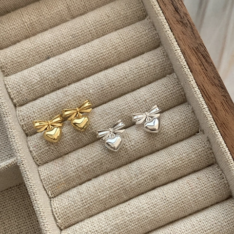 Elegant 925 Sterling Silver Bow Heart Stud Earrings For Women 18K Gold Plated Polished Sweet Heart Dangle Earrings Jewelry