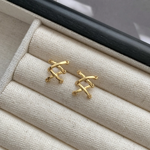 Pendientes de Botón de Cruz de Línea de Rejilla de Plata de Ley 925 Minimalistas para Mujer Pendientes Pequeños Geométricos X