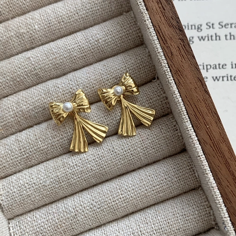 Pendientes de Botón con Lazo y Perla Artificial de Plata de Ley 925 para Mujer Joyas Elegantes Bañadas en Oro y Plata