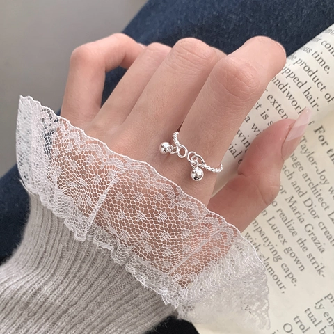 Anello Aperto in Argento Sterling S925 Con Ciondolo a Doppia Campana Corda Intrecciata Placcato Oro 18K Regolabile Geometrico Donna