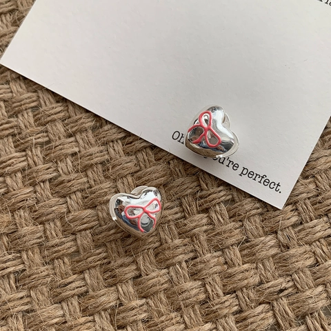 Sweet 925 Sterling Silver Heart Stud Earrings For Women Pink Enamel Bow Knot Ear Studs High Quality Fashion Jewelry Accessory