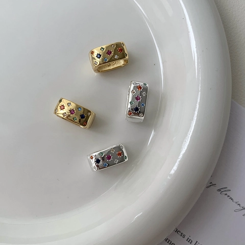 Pendientes de Aro Rectangulares de Plata de Ley 925 Vintage Incrustación de Estrella con Strass Colorido para Mujer Joyería Bohemia