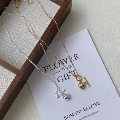 Collar con Colgante de Corazón de Plata de Ley S925 para Mujer Minimalista Bañado en Oro 18K Cierre de Palanca OT Joyería Regalo
